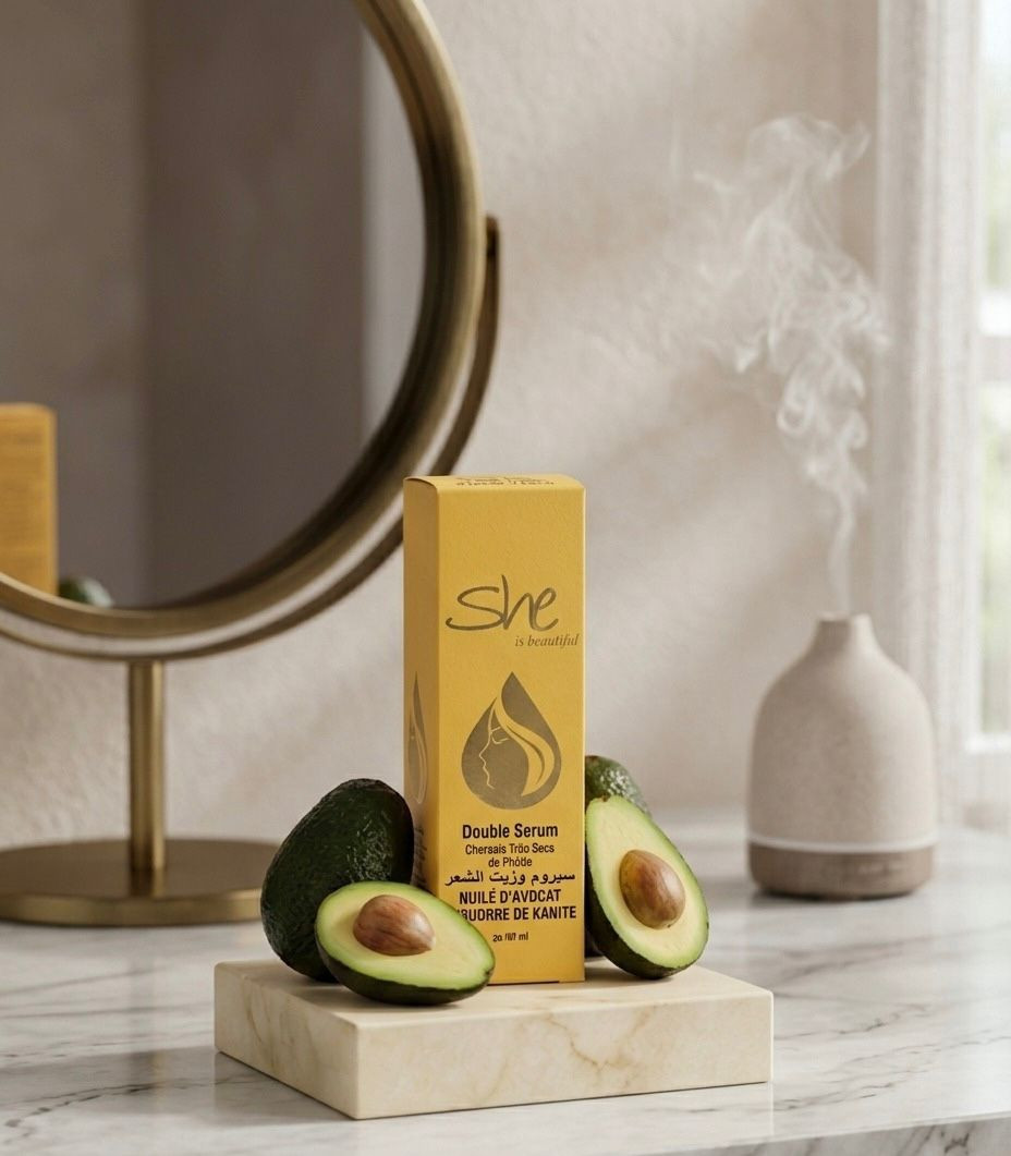 She is beautiful Double Sérum Avocat & Beurre de Karité – Nutrition Ultra-Riche Cheveux Très Secs et Crépus